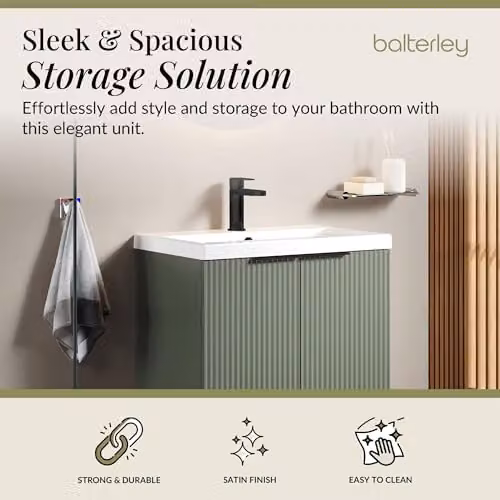 Balterley Green Floor Standing Bathroom Vanity Unit with Basin and Fluted Front, 2 Soft Close Doors, W/D/H: 61.0 x 39.0 x 85.0 cm – 2