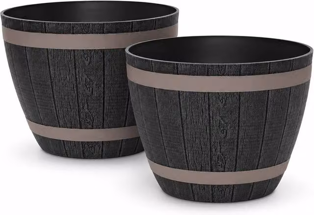 Simpa Set of 2 Rustic Dark Grey Plastic Half Barrel Cask Planter Tubs