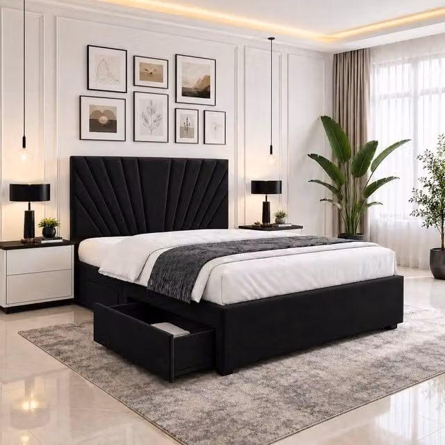 Velmora Luxury Black Velvet Upholstered Divan Bed with Tall Headboard, Mattress and Drawers, W/D/H: 180 x 200 x 35.56 cm