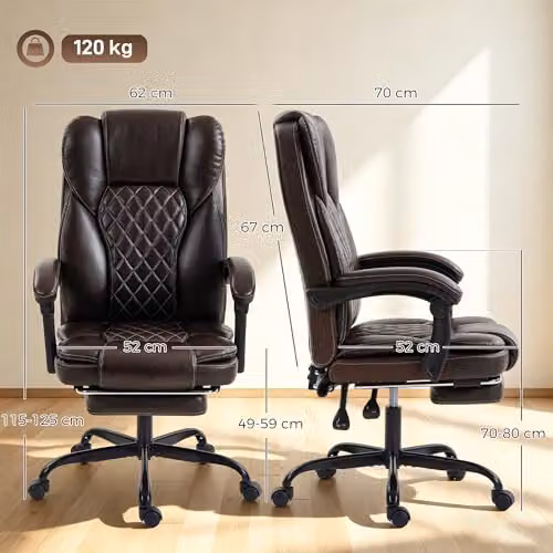 HOMCOM Brown Synthetic Leather High-Back Executive Home Office Chair with 360 Degree Swivel and Headrest – 3
