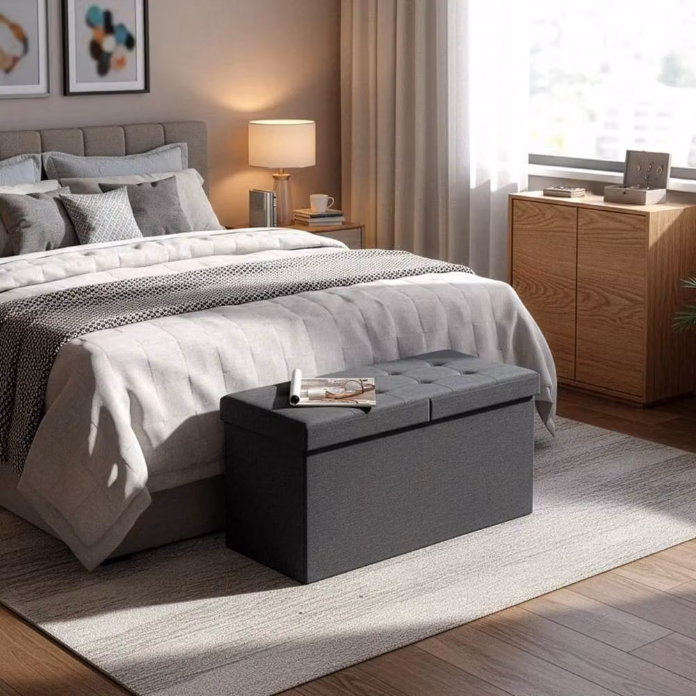 KORVIXA Grey Fabric Foldable Storage Ottoman Bench W/D/H: 100 x 100 x 1 cm – 3
