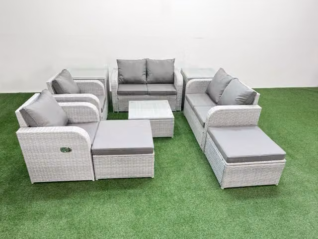 Fimous 8 Seater Rattan Garden Furniture Set in Light Grey with Reclining Chairs, U-Shape Sofa, Coffee Table and Ottomans