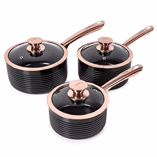 Tower 3 Piece Ceramic Non Stick Saucepan Set with Lids, Black and Gold – 1