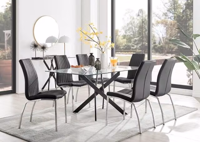 FurnitureboxUK Leonardo Black Leg Glass Dining Table with Six Isco Chairs in Black and Transparent