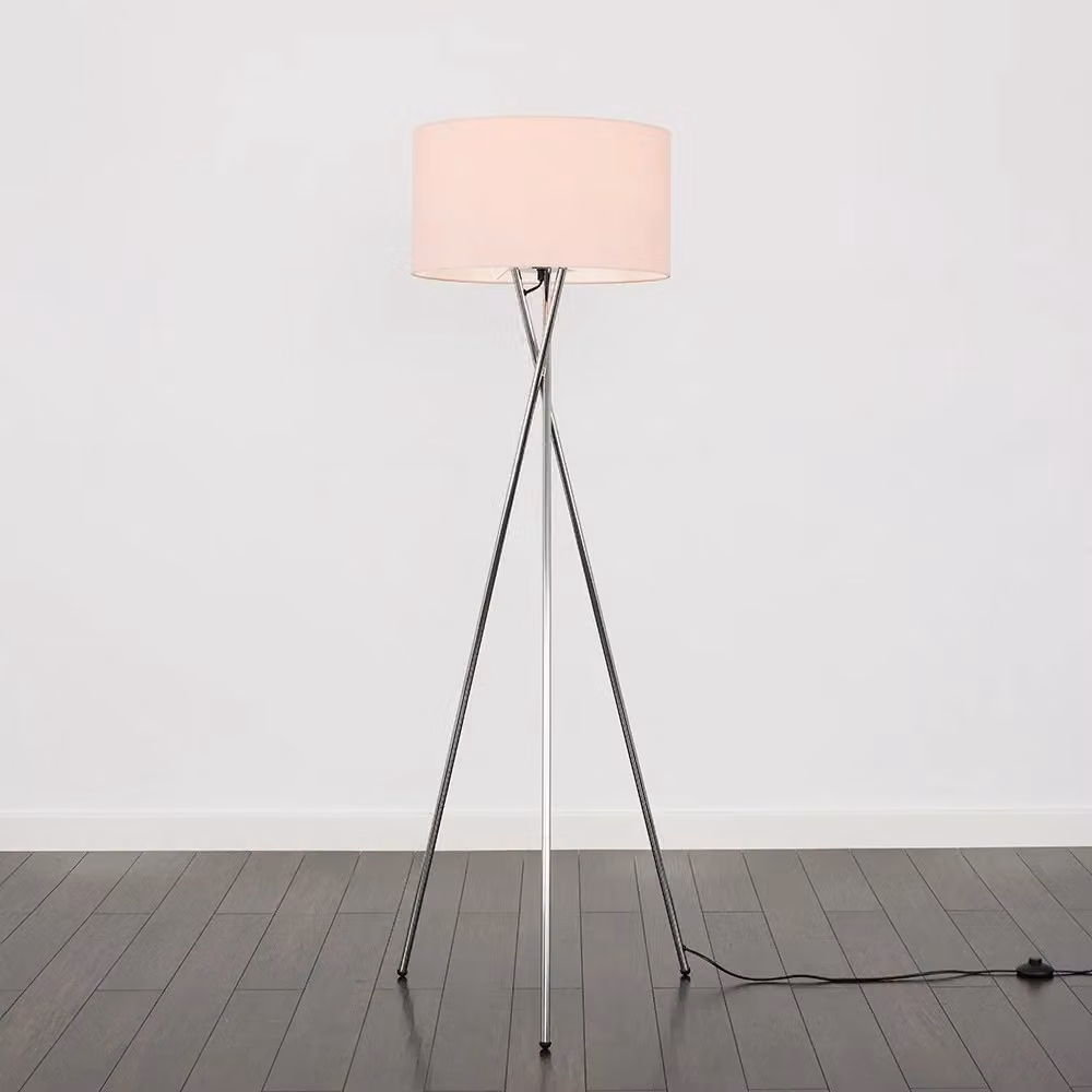ValueLights Camden Polished Chrome Tripod Floor Lamp with Dusty Pink Fabric Drum Shade and Bulb – 3