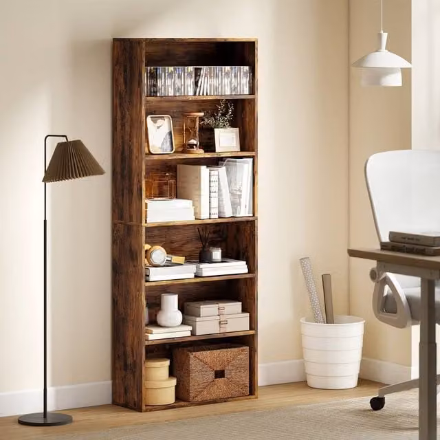 HOMCOM 6 Tier Freestanding Bookshelf with Adjustable Shelves in Brown – 1