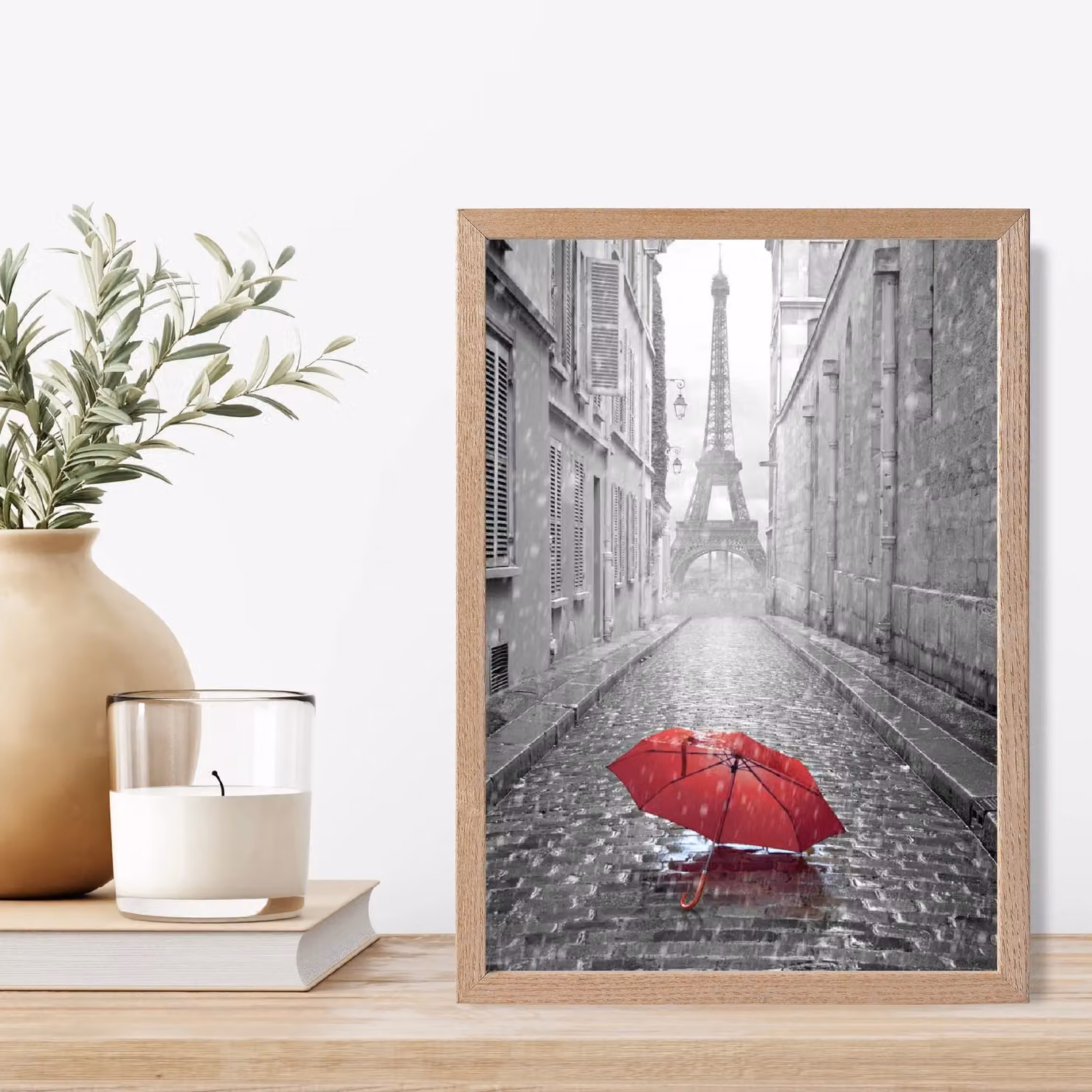 ARTZE Red Umbrella in Paris with Eiffel Tower Framed Photograph Print, Black Oak Frame, A2 – 2