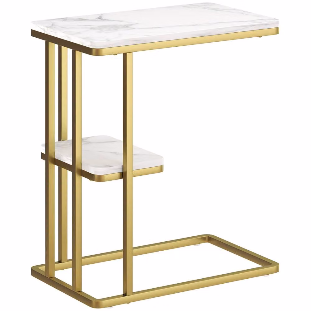Wyld Haus Neso Slim C Shaped Side Table with White Marble Top and Gold Tone Metal Frame – 2