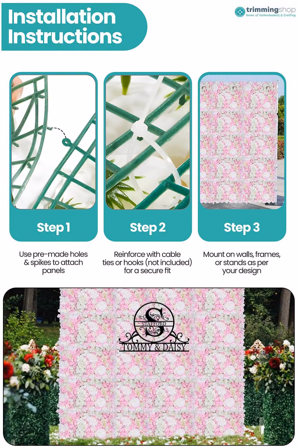 Neel Blue Artificial Floral Wall Panel Wedding Photography Backdrop in Blue and Baby Pink, W/H: 60 x 40 cm – 2