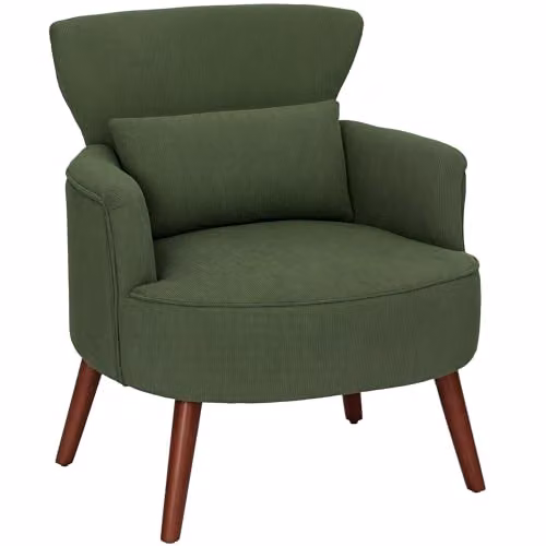 HOMCOM Retro Cord Green Tub Armchair with Solid Wood Frame, W/D/H: 69.5 x 78.0 x 69.0 cm – 1