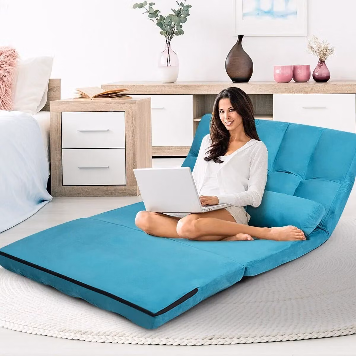 Costway 3-in-1 Folding Lazy Sofa Bed and Floor Sleeper Seat with 6-Position Adjustment and 2 Pillows in Blue – 3