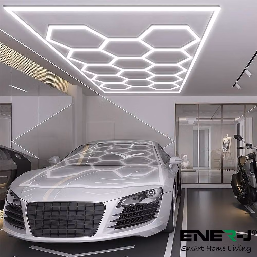 ENER-J 255W RGBIC Car Showroom LED Ceiling Lights with 14 Hexagon Design, Frame and Remote Control, White – 3