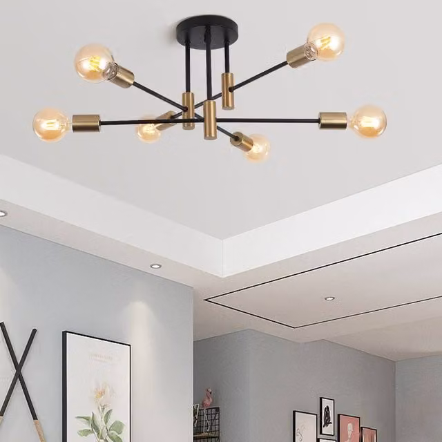 NIVOR Mid Century Industrial 6 Light Flush Mount Ceiling Chandelier in Gold/Brass and Black