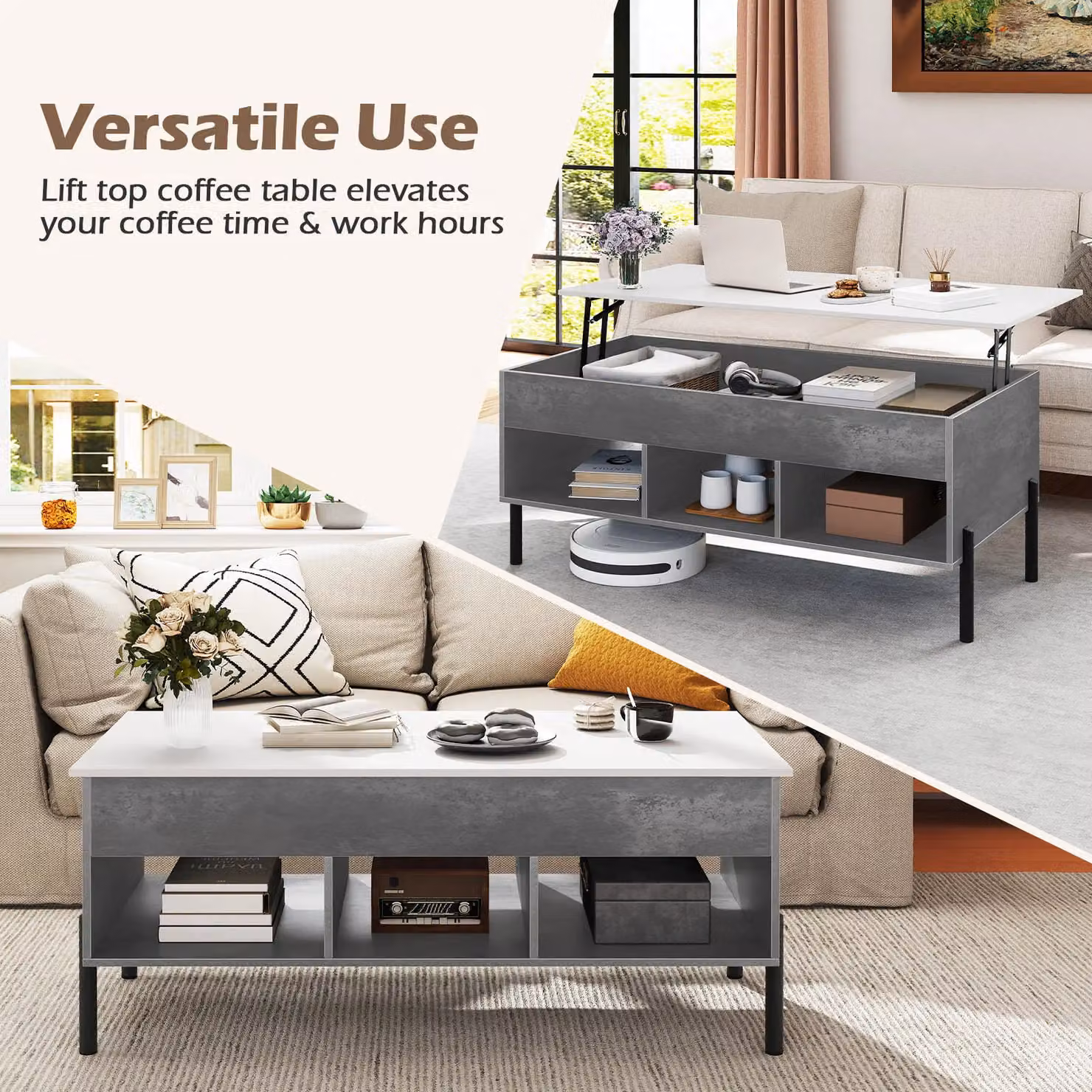 Gymax Modern Rectangular Lift-top Coffee Table with Metal Legs in Grey – 5