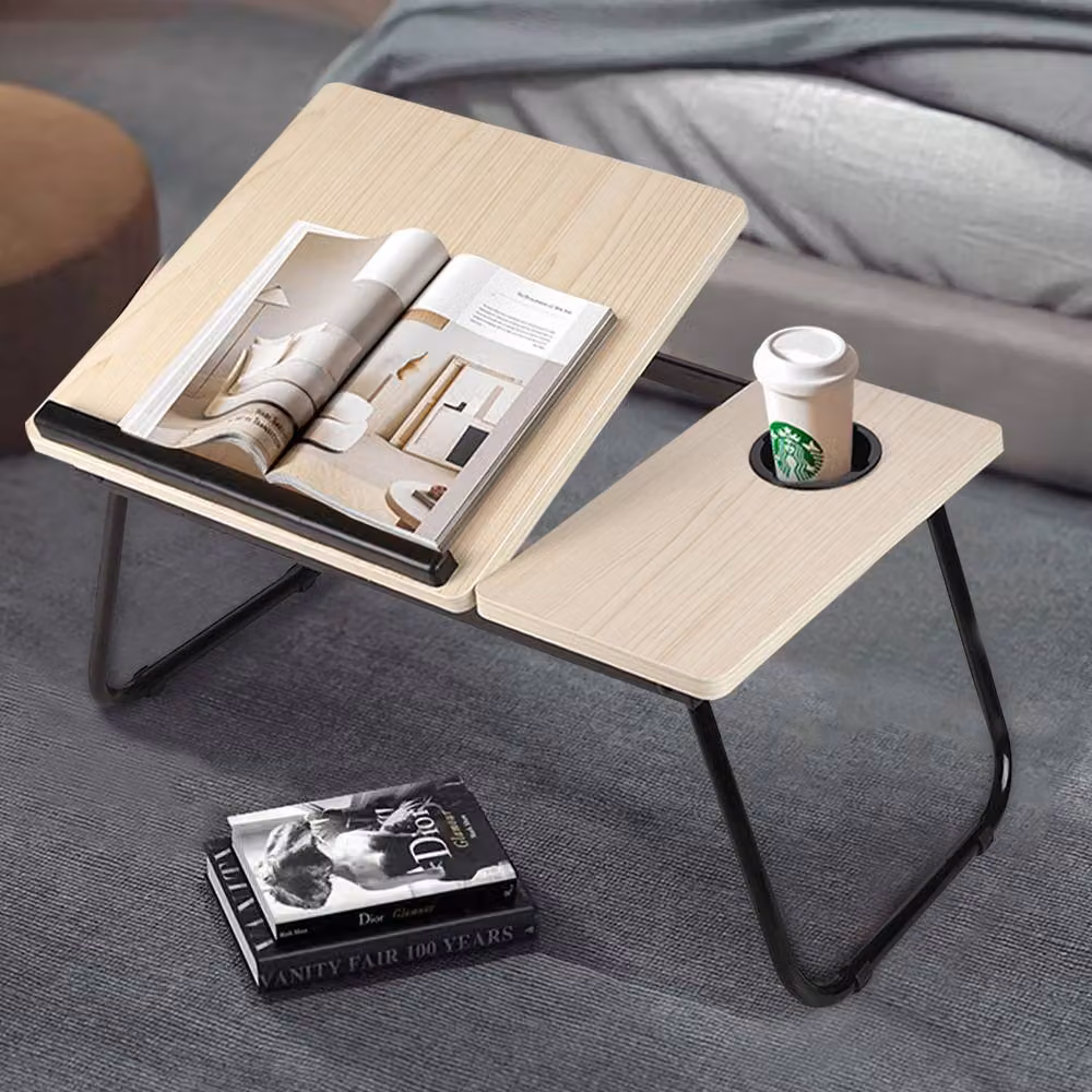 Living and Home Adjustable Folding Laptop Bed Table with Cup Slot and Stop Bar in Beige – 4