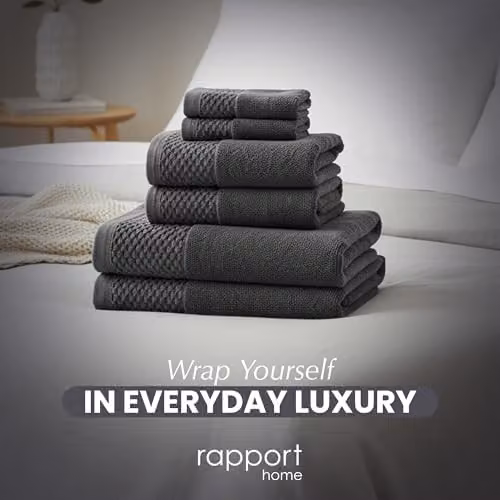 Rapport Home Eden Weave 6-Piece Cotton Towel Set in Grey, 500GSM Soft Absorbent Towels – 8