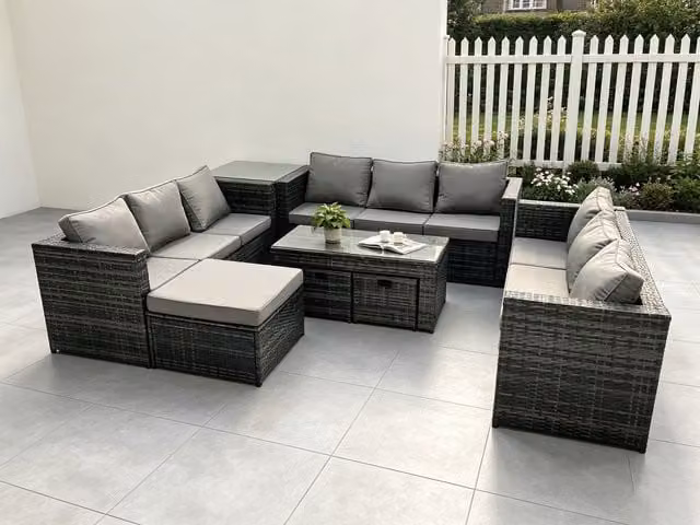 Fimous Rattan Garden Furniture Lounge Set in Dark Grey with 3-Seater Sofa, Rectangular Coffee Table and Ottoman