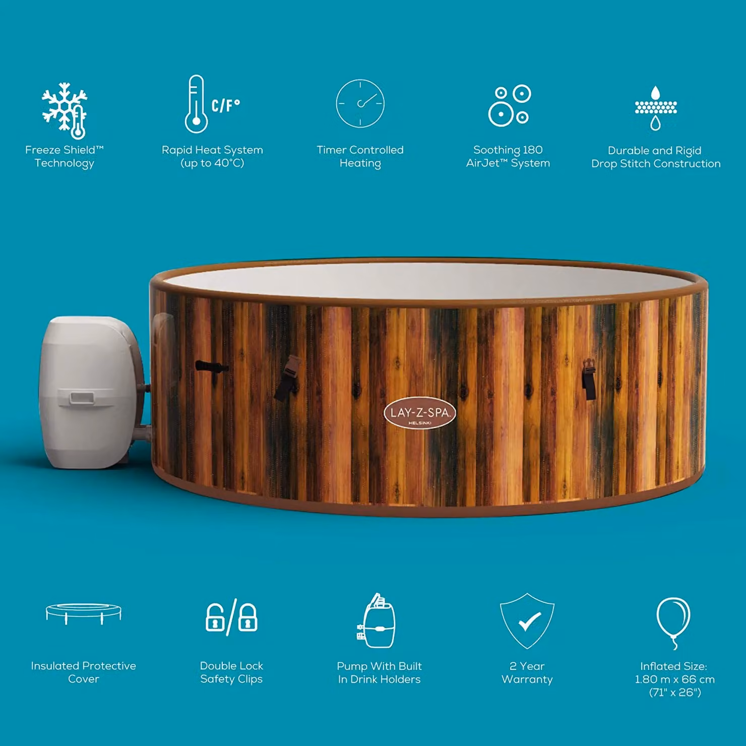 Bestway Lay Z Spa Helsinki Inflatable Hot Tub with Freeze Shield in Brown Wood Effect – 2