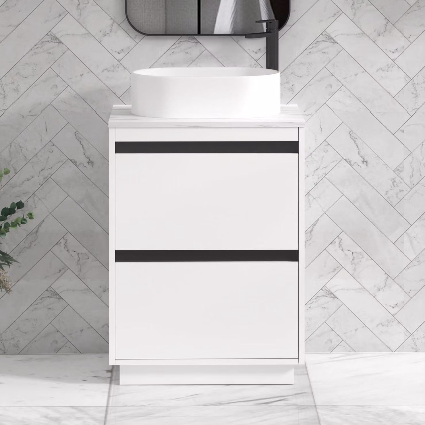 Royal Bathrooms Orion 600mm Matt White Floor Standing Countertop Vanity Unit with 2 Drawers, Peak Basin and Black Accent Trim