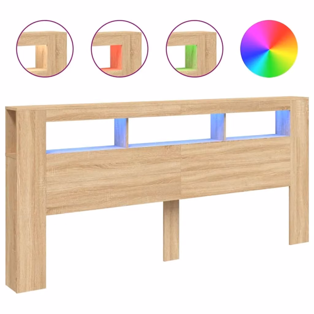 Berkfield Home Sonoma Oak LED Headboard in Brown with Integrated Lighting, Shelf and USB Charging Port, W: 220 cm, D: 18.5 cm, H: 103.5 cm – 1