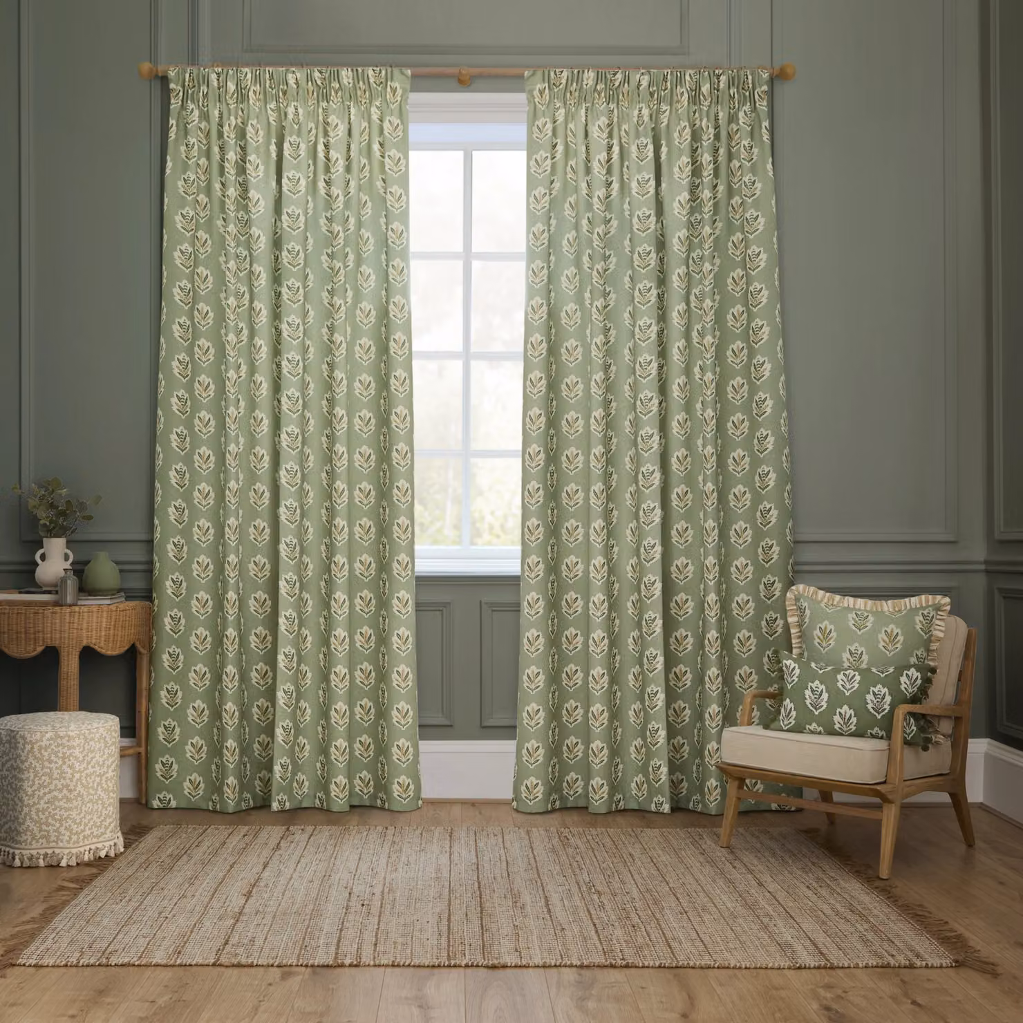 Sanderson Sessile Leaf Printed Pencil Pleat Curtains in Green, Width: 229 cm, Drop: 183 cm – 2