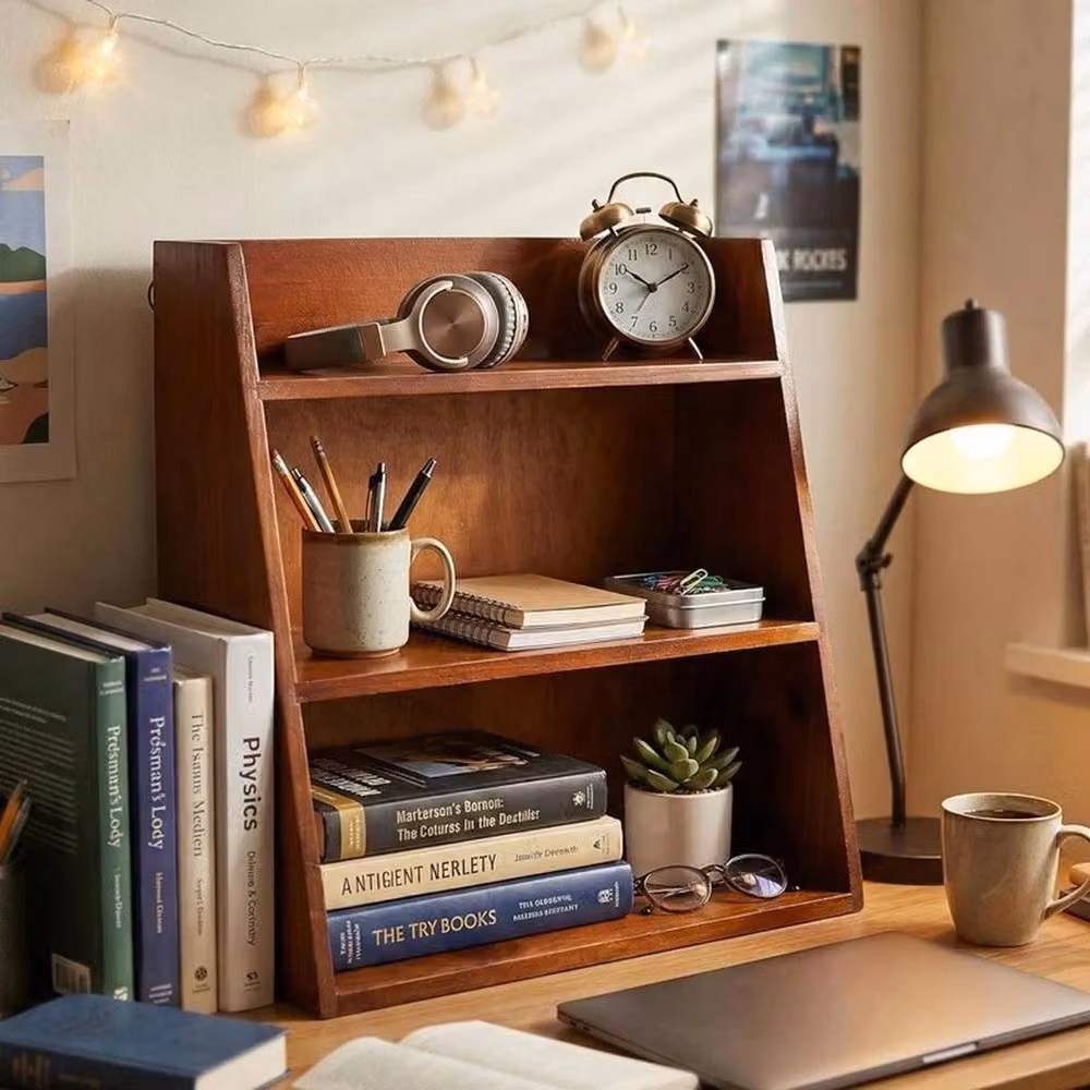 PAWNORA Retro Brown Wood Desktop Storage Display Shelf – 4
