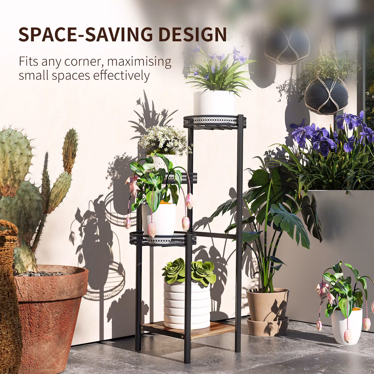 Outsunny Four-Tier Steel and Wood Plant Stand in Black – 6