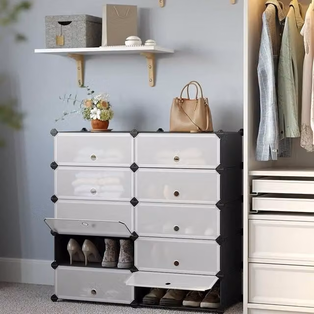 SONGMICS 10 Slot Modular Plastic Shoe Rack and Wardrobe Organiser with Adjustable Shelves, Black