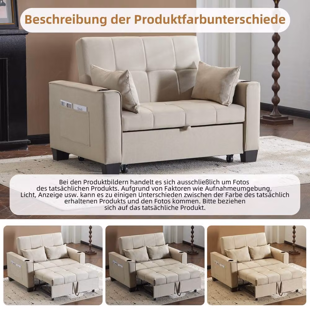 Tokpiedi 2 Seater Convertible Pull Out Sofa Bed with Cup Holders in Beige – 5