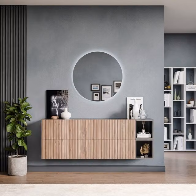 Decorotika Leuven Wall Mounted Minimalist Entertainment Center in Black with LED Lighting and Striped Pattern
