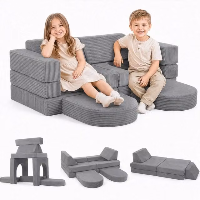 VOGREX Grey Modular Foam Block Sofa with Removable Washable Reversible Fabric Covers – 1