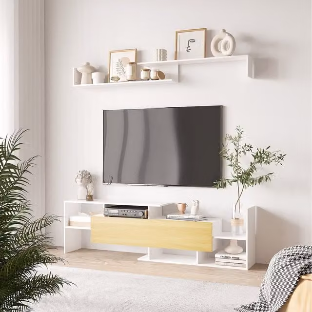 HOMCOM Scandinavian Style TV Lowboard with Open Shelf and Hinged Doors in Natural and White