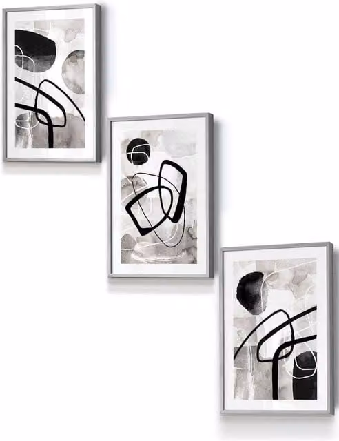 ARTZE Abstract Black Grey and White Watercolour Shapes Framed Wall Art, W: 33 cm, H: 45 cm, D: 0.2 cm