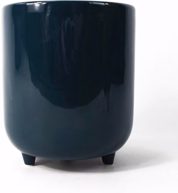 Modern Round Ceramic Tabletop Planter with Leaf Design in Petrol Blue and Green