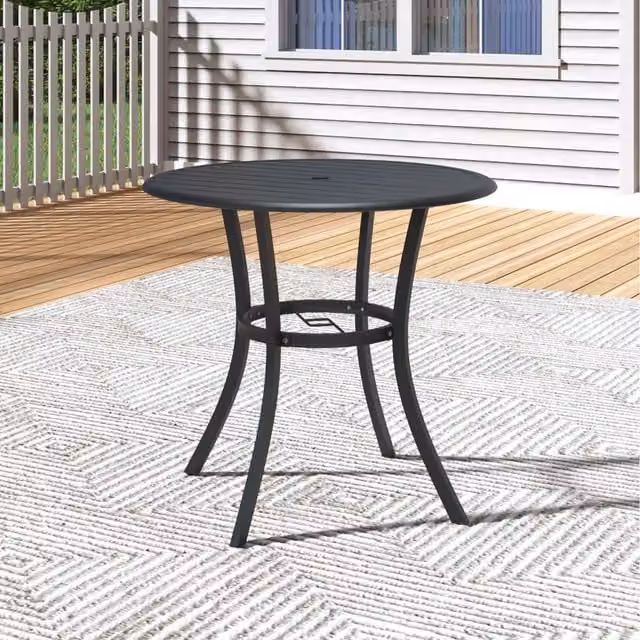 Komore Modern Round Metal Dining Table with Umbrella Hole in Matt Black