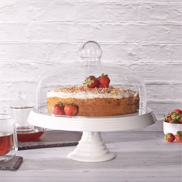 Maison and White Round Ceramic Cake Stand with Transparent Glass Cover in White