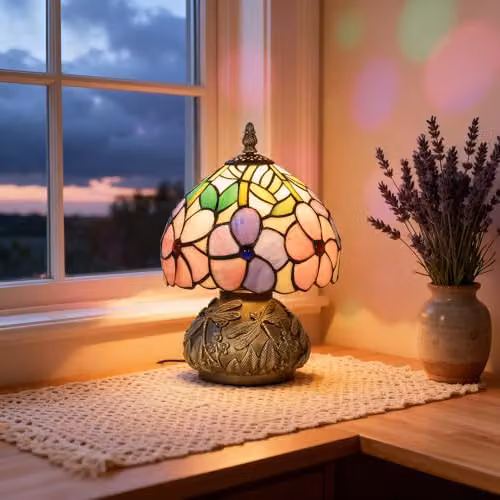 HOMCOM Tiffany-Style Table Lamp with Sculpted Dragonfly Base in Pink, Bronze and Multicolour – 7