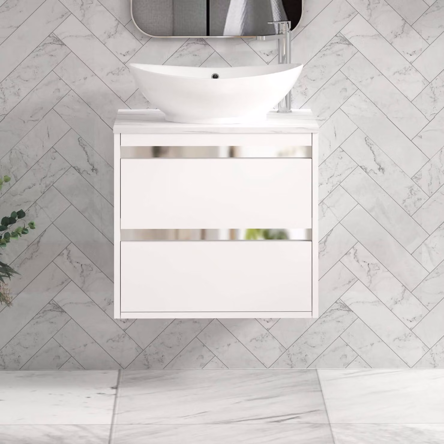 Royal Bathrooms Orion 600mm Matt White Wall Hung 2 Drawer Vanity Unit with Amaze Basin and Chrome Accent Trim