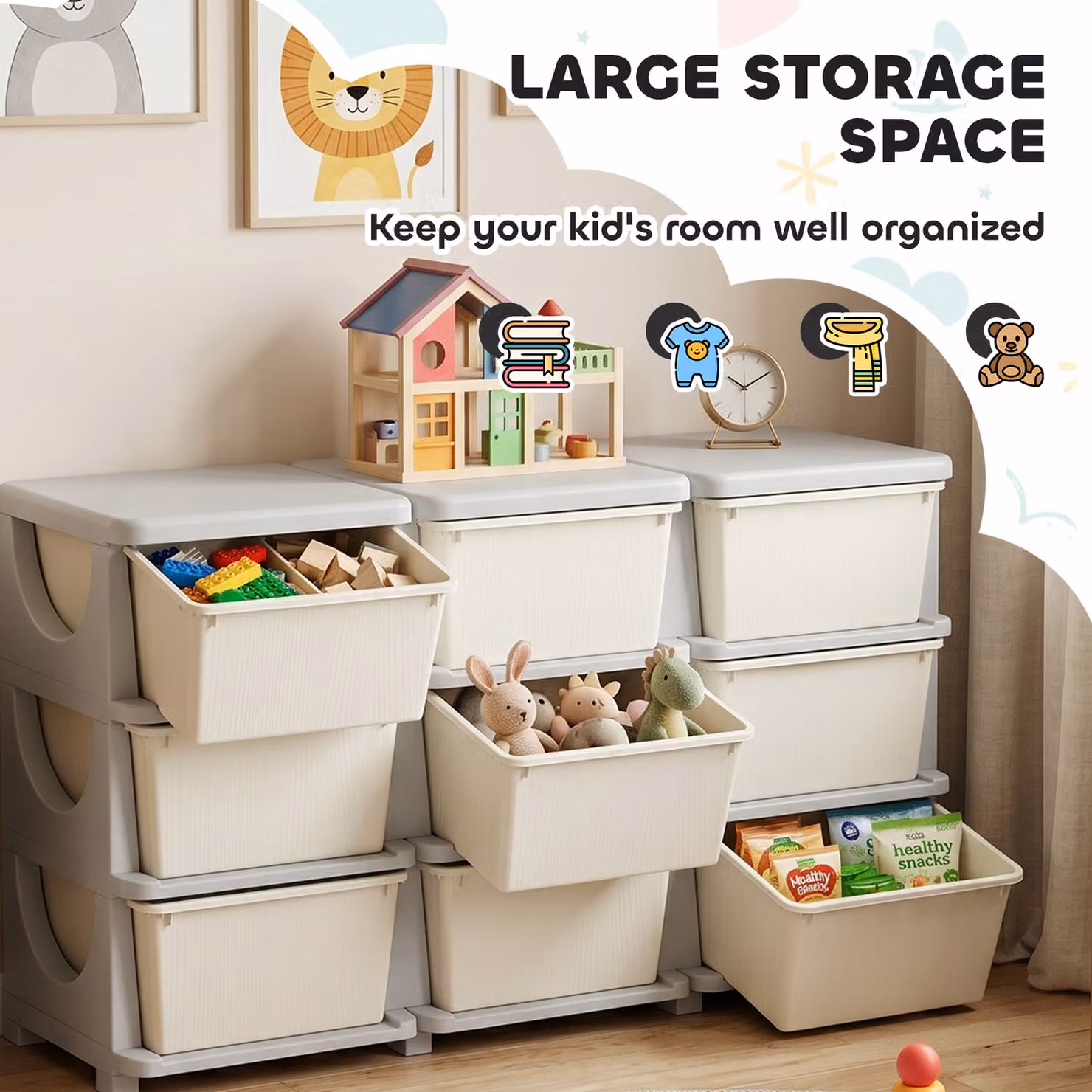 HOMCOM Kids Freestanding Storage Unit with Nine Drawers in White and Beige – 2