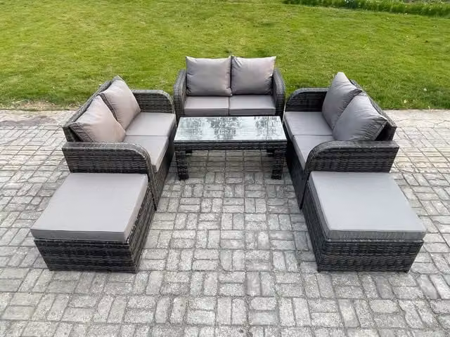 Fimous Rattan Wicker Garden Furniture Set in Dark Grey with Rectangular Coffee Table, Reclining Chair, Love Sofa and 2 Footstools