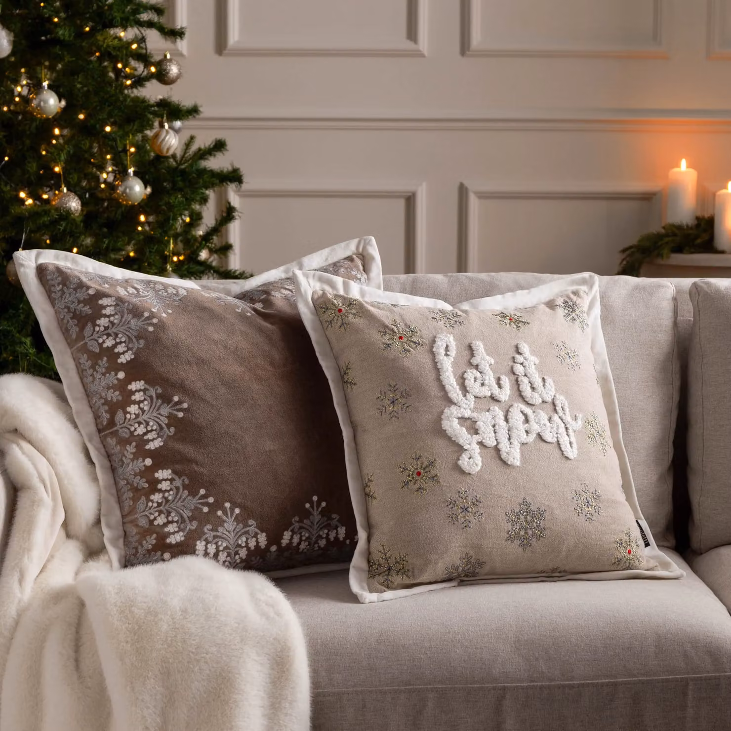 Paoletti Winter Bloom Floral Embroidered Cotton Velvet Cushion, Taupe, W/D/H: 50 x 50 x 5 cm – 4