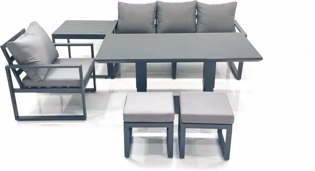 Fimous 6 Seater Garden Sofa Set with Height Adjustable Dining Table, Side Table and 2 Footstools in Dark Grey Aluminium
