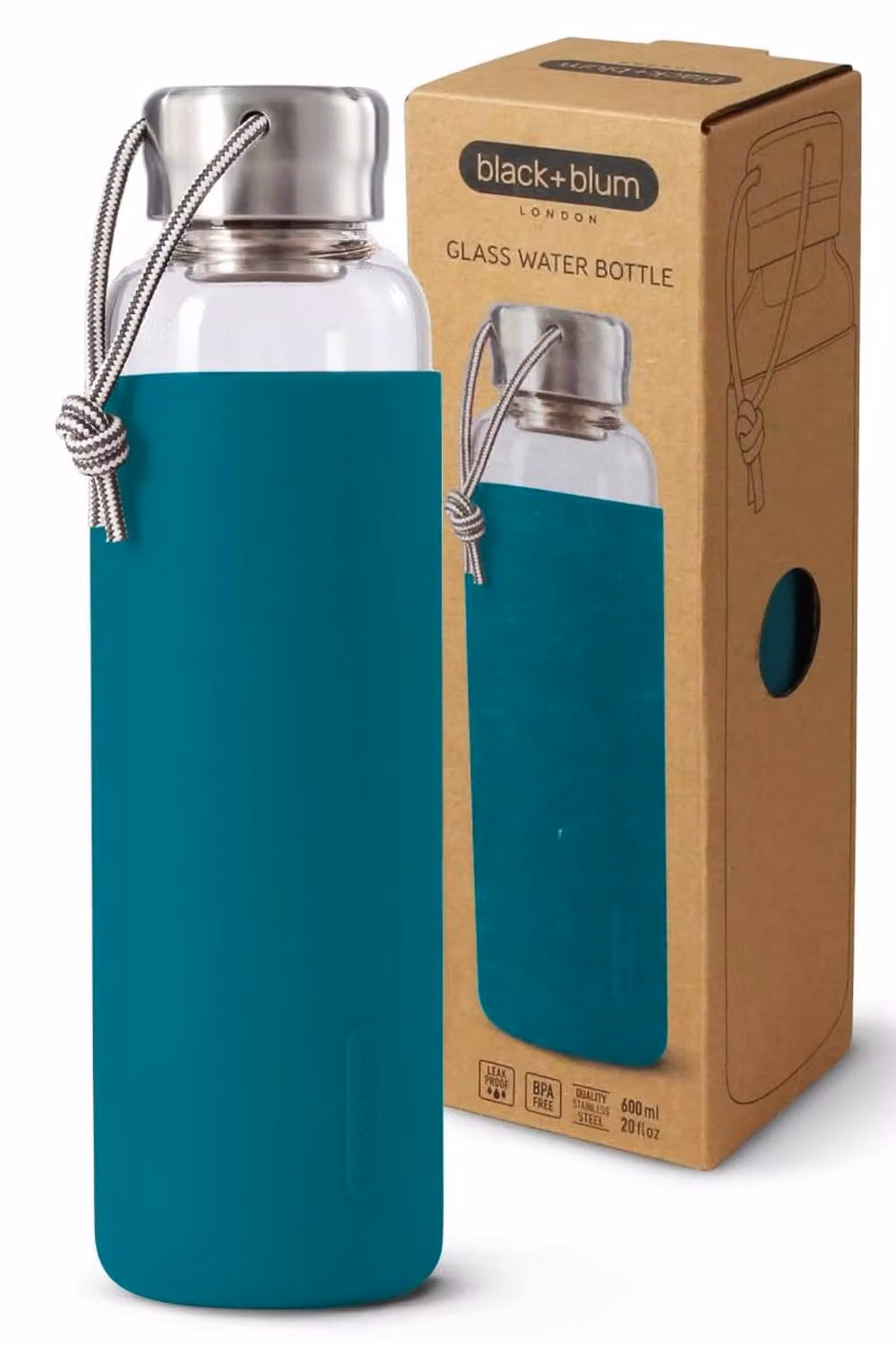 Black + Blum Leakproof Glass Water Bottle with Carry Handle, Blue, 600ml – 2
