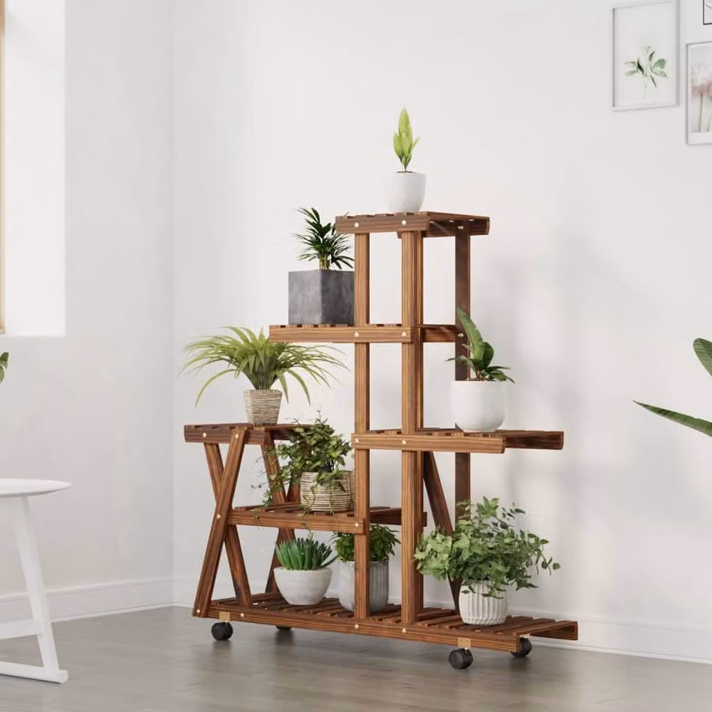 Berkfield Home Retro Wooden Flower Stand with Wheels in Brown, W/D/H: 95 x 25 x 101 cm – 3