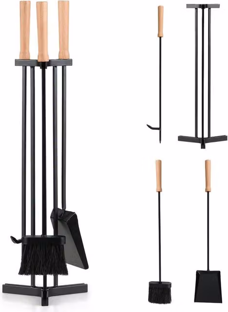 Gymax 4 Piece Heavy-Duty Metal Fireplace Tools Set with Poker in Black