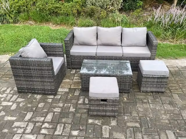 Fimous Rattan Garden Furniture Set in Dark Grey with 3 Seater Sofa, Armchair, Coffee Table and Ottoman