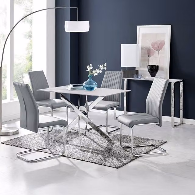 FurnitureboxUK Leonardo White Glass Marble Effect Dining Table with 4 Lorenzo Grey Chairs
