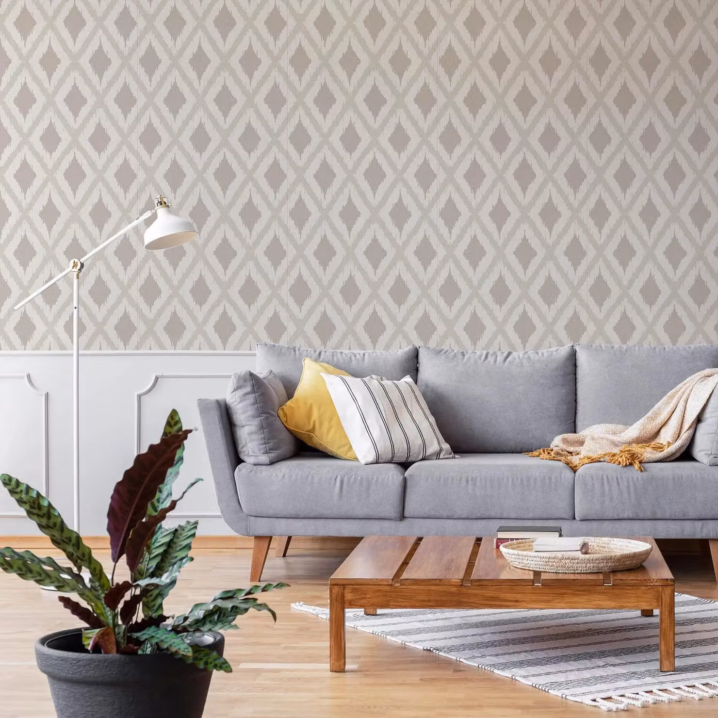 Fresco Ikat Geometric Ethnic Abstract Wallpaper in Yellow and Beige, Width: 52 cm – 3