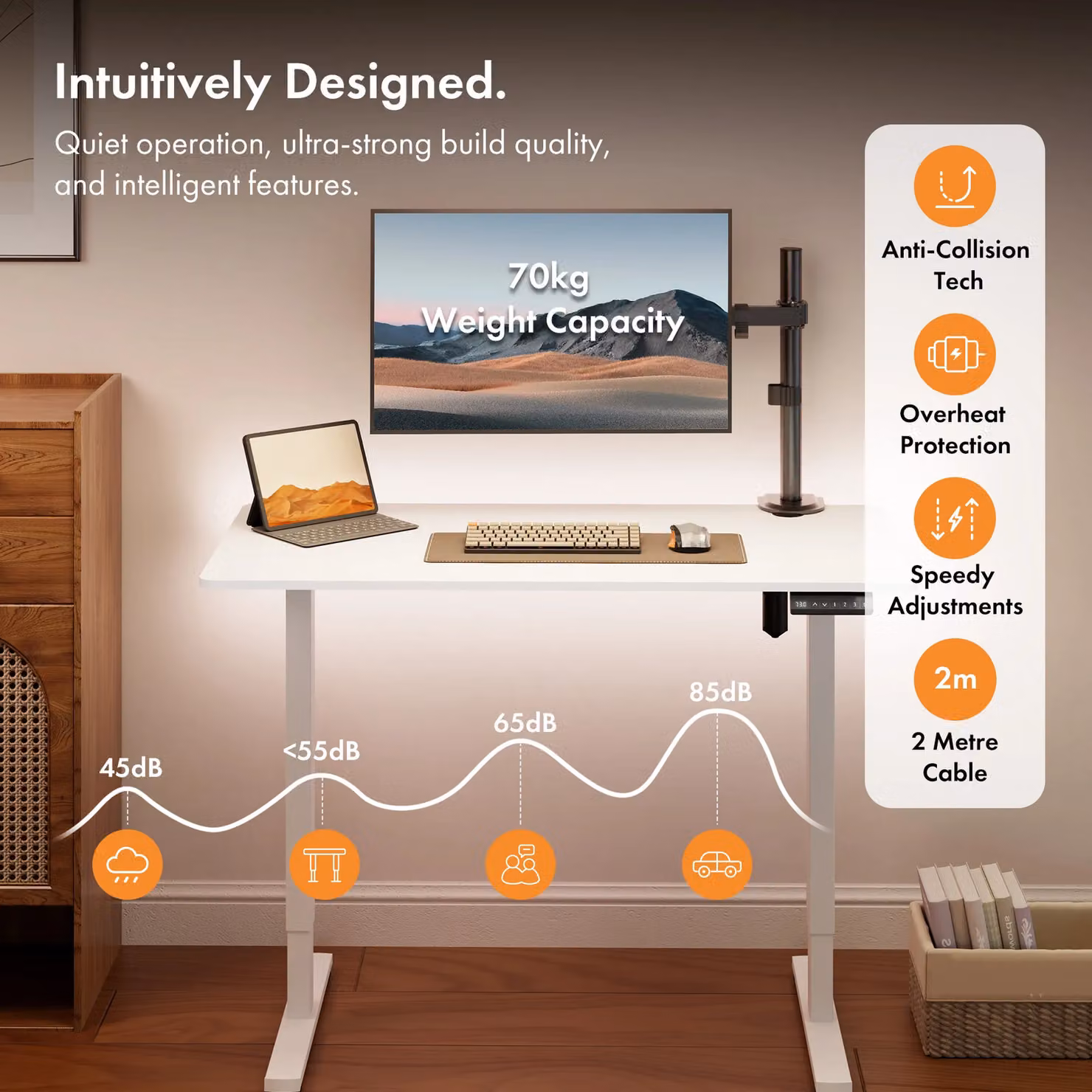 VonHaus Electric Height Adjustable Standing Desk with USB-C Charging in Matt White – 4