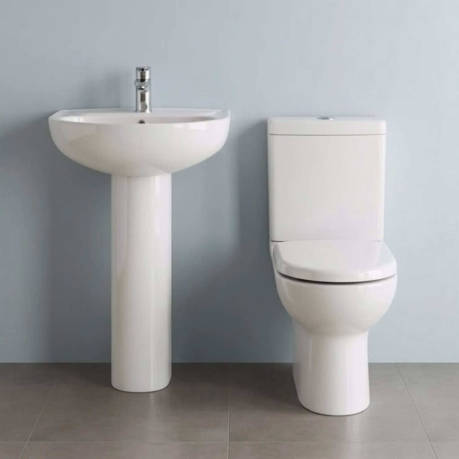 Balterley Ridley Compact Ceramic Toilet Suite with Soft-Close Seat and 550mm Basin Pedestal in White – 2